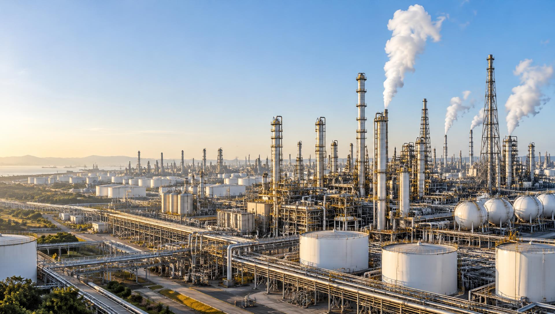 Wide panoramic view of an oil refinery complex in bright daylight